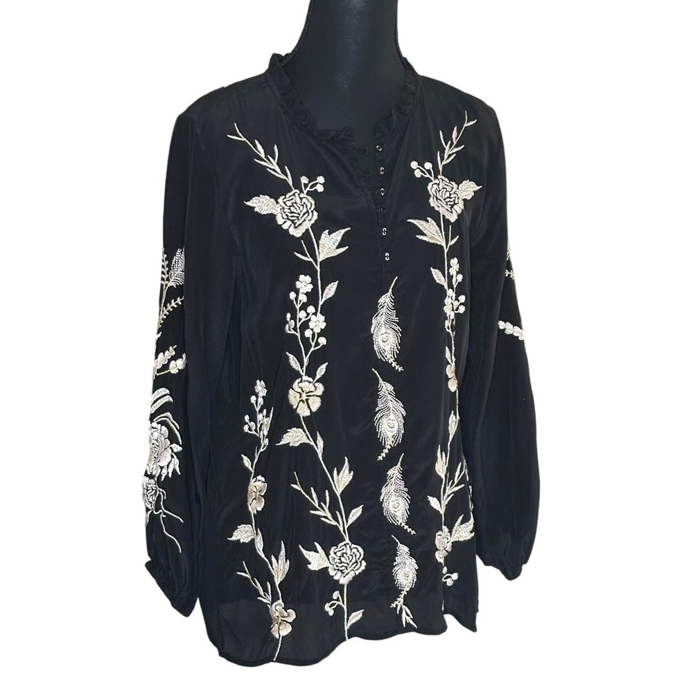 Johnny Was Workshop Calypso Silk Embroidered Blouse Black Peacock Floral NWT